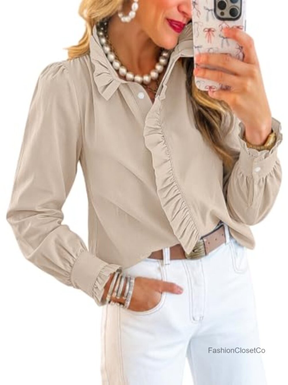 Womens Ruffle Collar Puffy Sleeve Striped Blouse Button Down Work Top